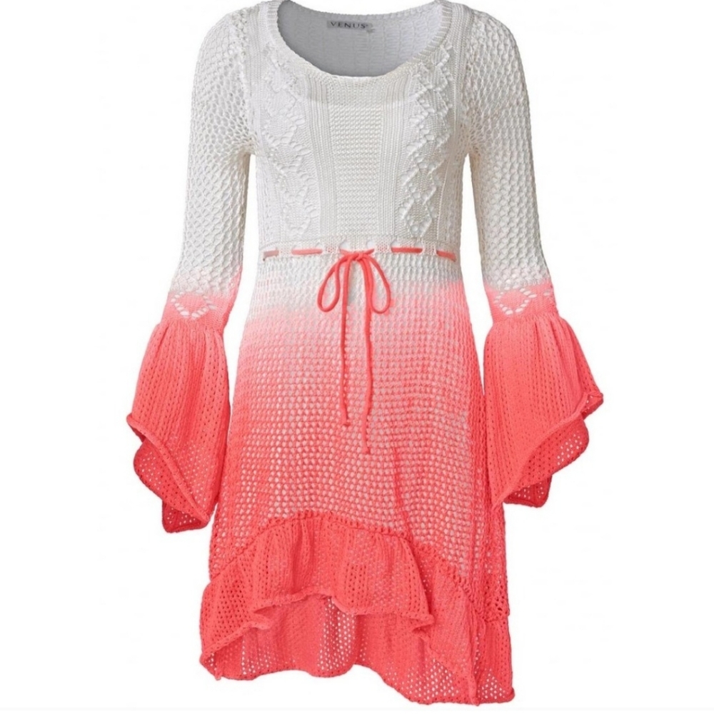 Venus NEW Crochet Over Slip Illusion Dress Ombre White Peach Size medium